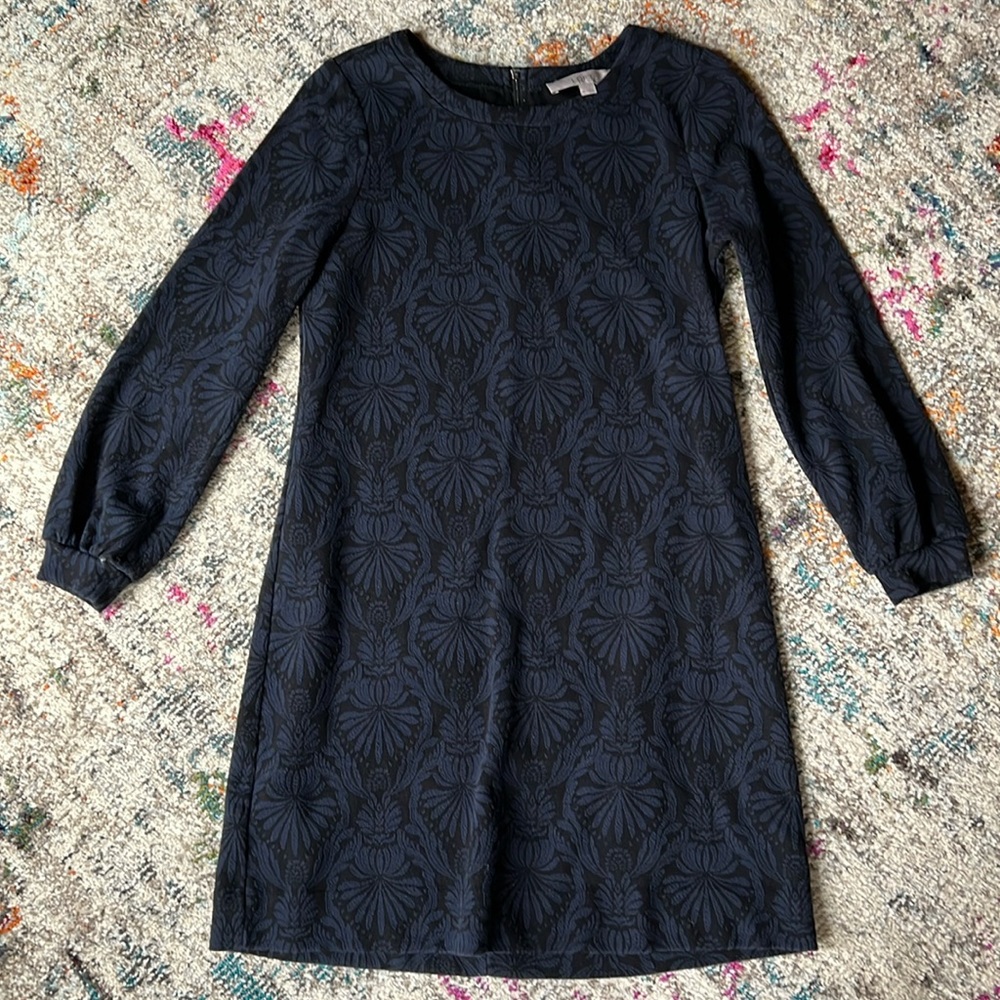 Loft Long sleeve, knee length dress. Petite Medium. Blue/Black.